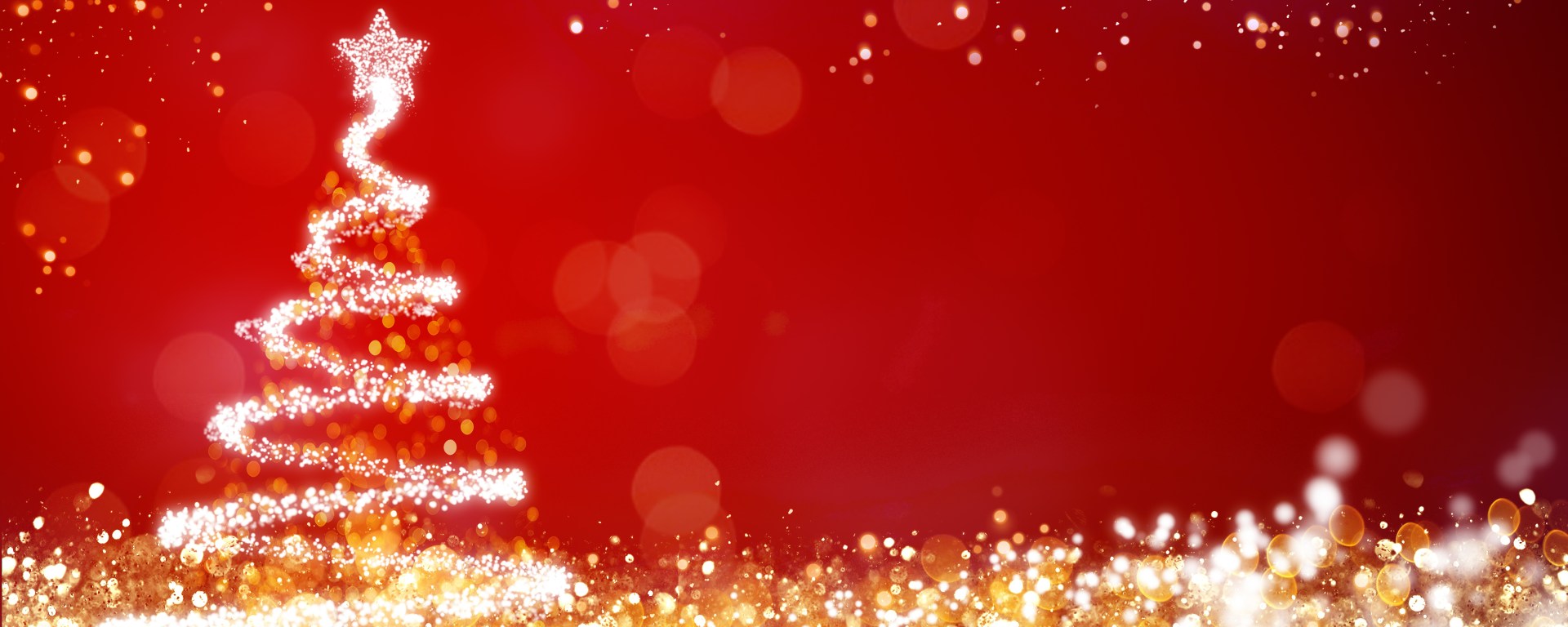 Golden and silver lights with Christmas tree on red background.