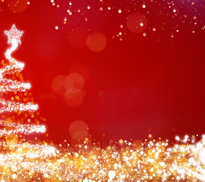 Golden and silver lights with Christmas tree on red background.