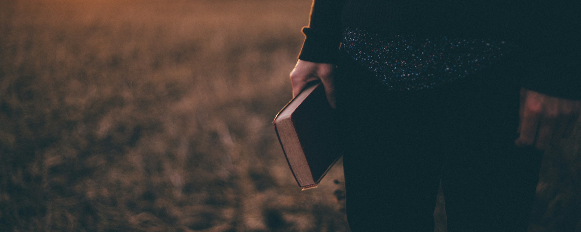 A person in a field holding the Holy Bible.